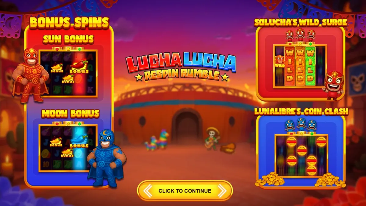 Lucha Lucha Respin Rumble slot machine interface featuring vibrant Mexican wrestling theme