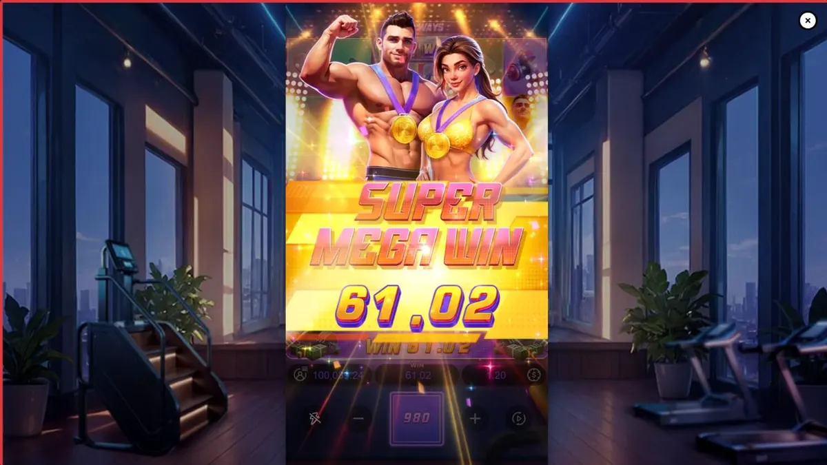 Tampilan visual slot Mighty Mania dengan tema kebugaran dan gym